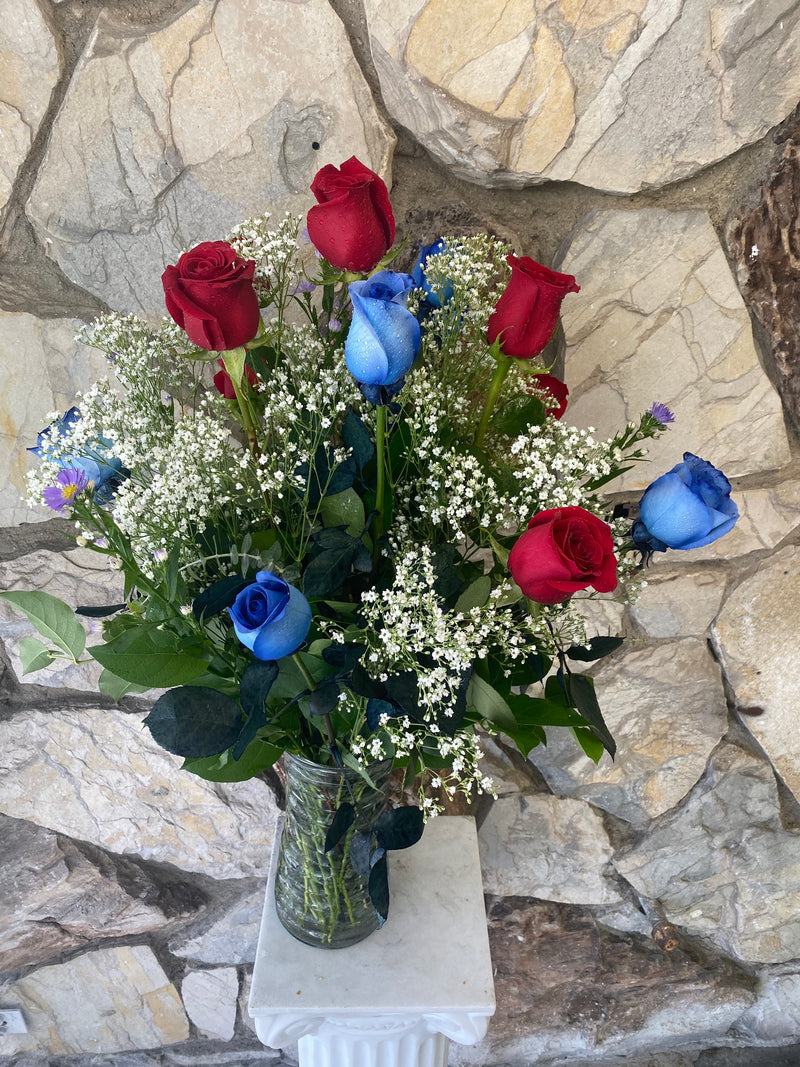 1 Dz Red & Blue Roses in Vase (R020)