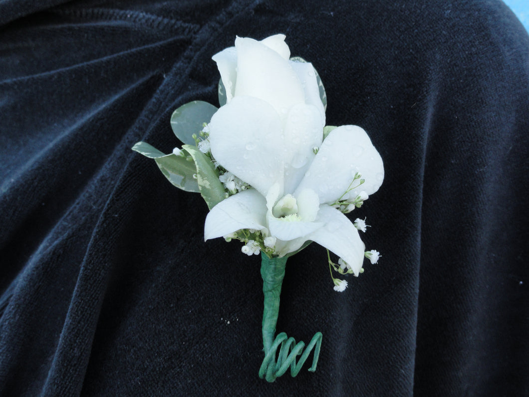 White Rose & Orchid Boutonniere (B002)