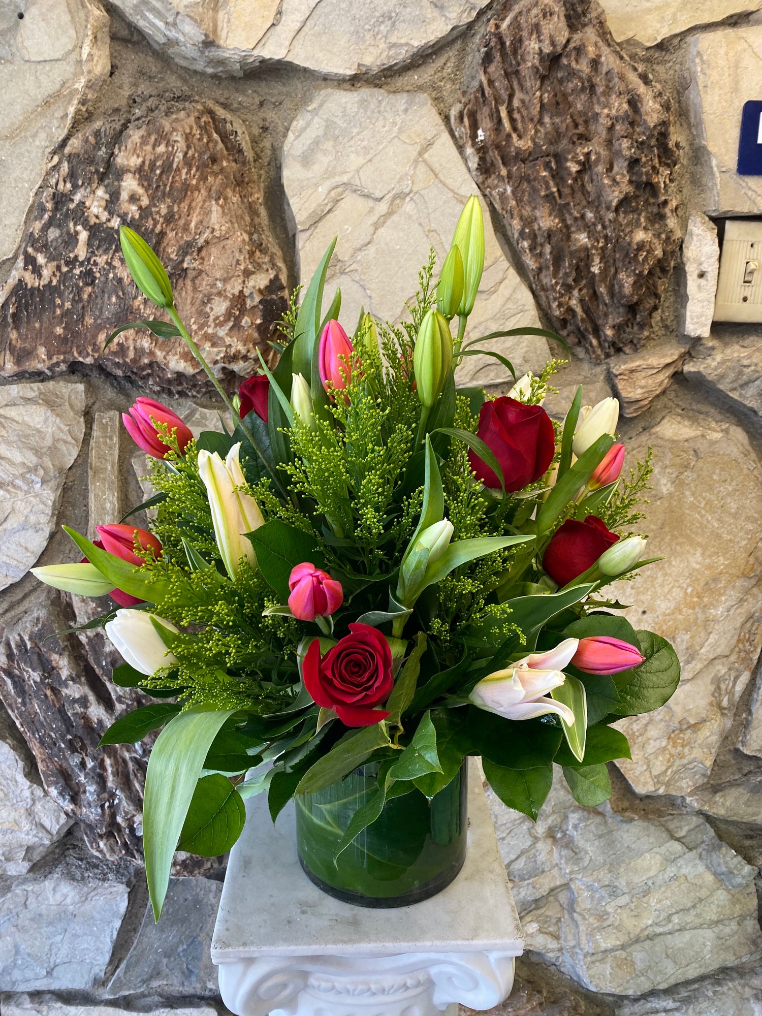 Roses, Lilies & Tulips in Vase (R013)