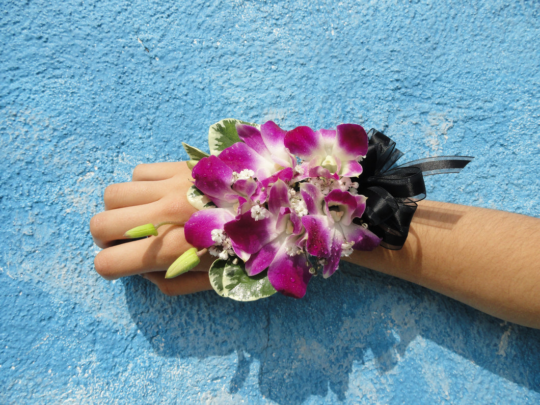 Purple Orchid Corsage with Black Bow (C003)