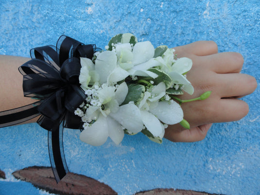 White Orchid Corsage with Black Bow (C004) – Century Flowers