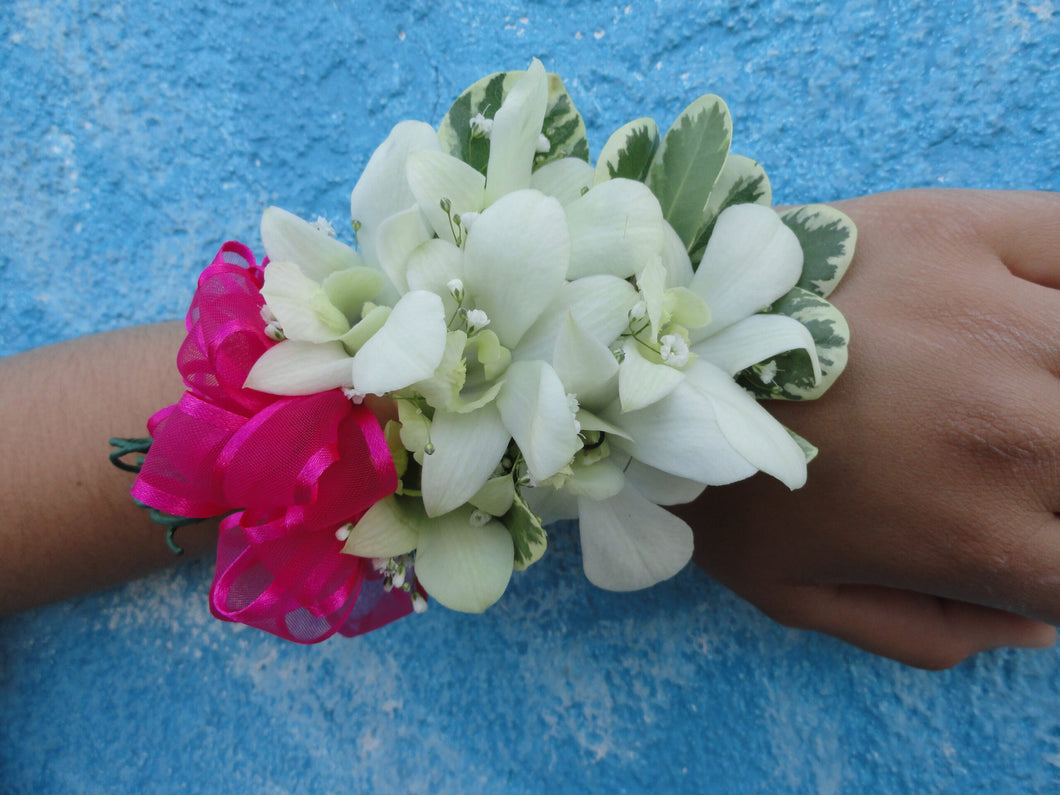 White Orchid Corsage with Pink Bow (C006)