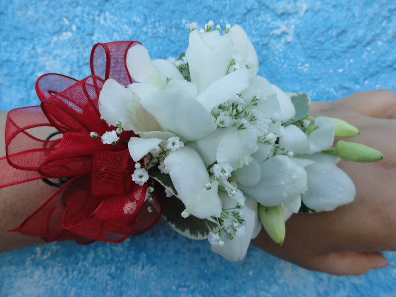 White Orchid Corsage with Red Bow (C007)