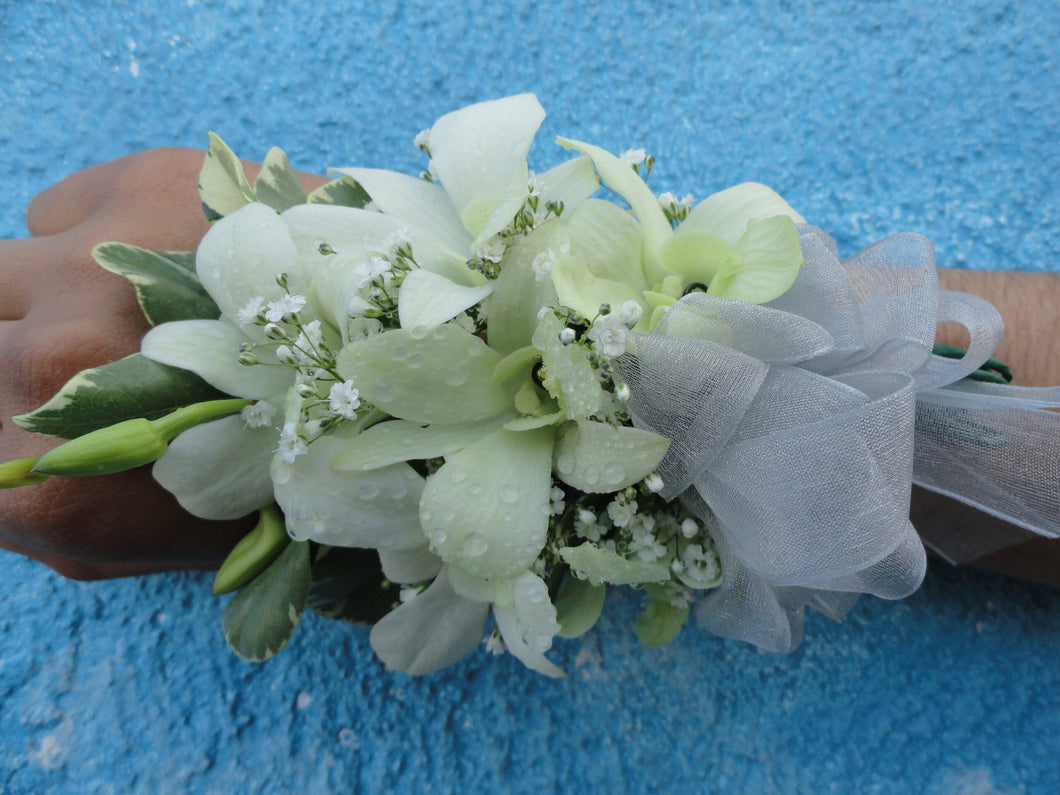 White Orchid Corsage with Grey Bow (C009)