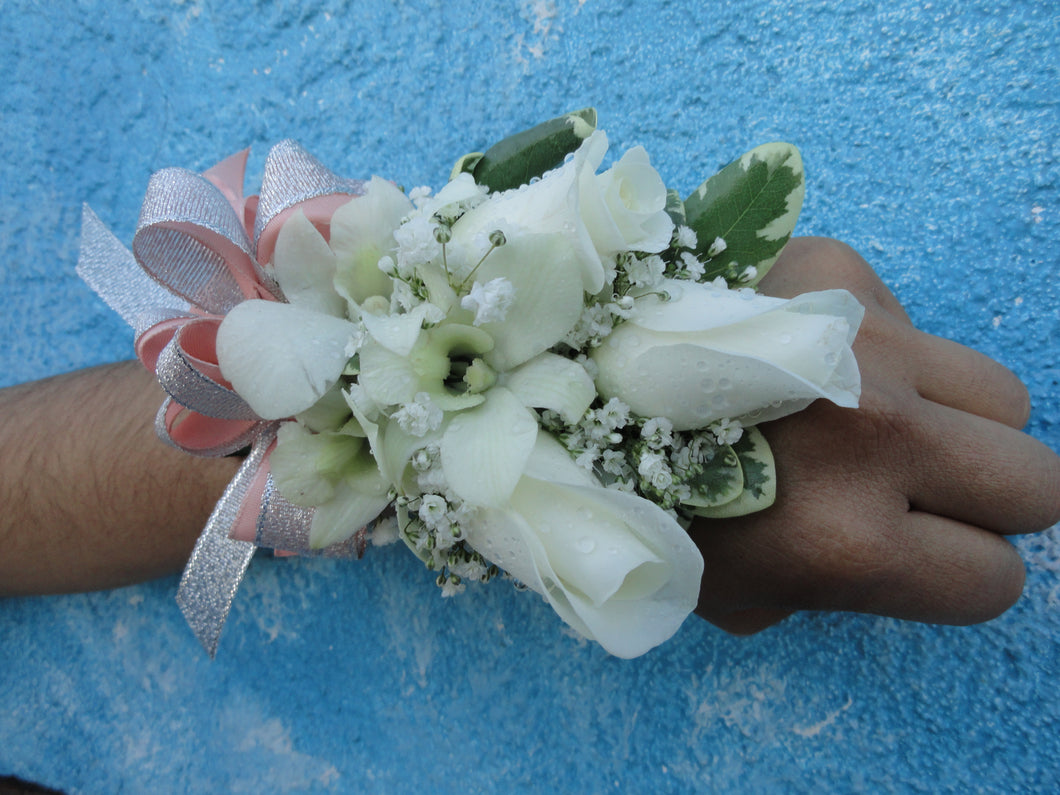 White Rose & Orchid Corsage with Light Pink & Gold Bow (C011)