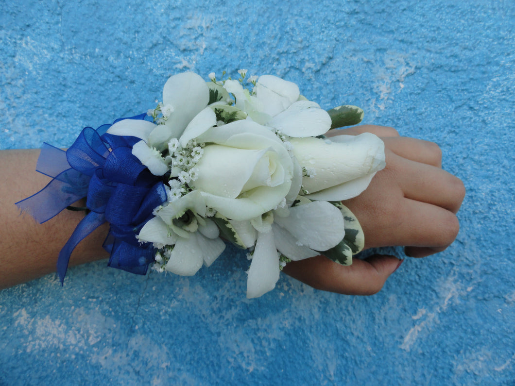 White Rose & Orchid Corsage with Blue Bow (C013)