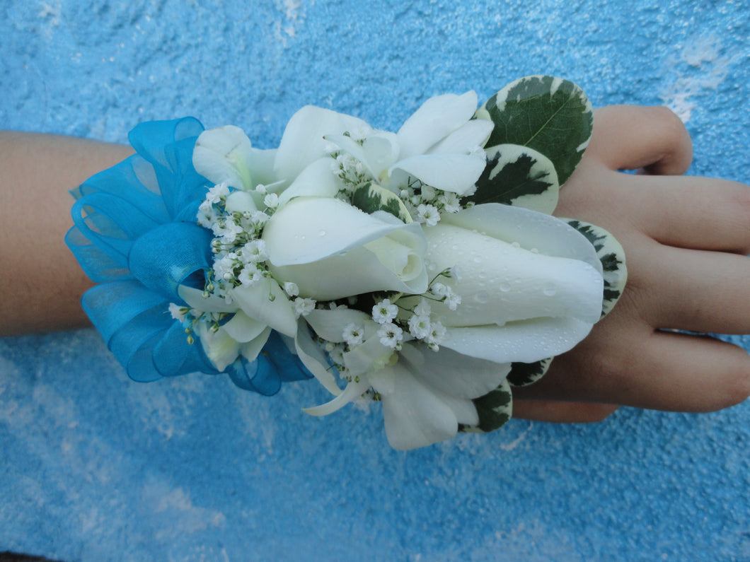 White Rose & Orchid Corsage with Teal Bow (C015)
