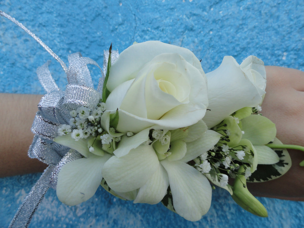 White Rose & Orchid Corsage with Silver Bow (C017)