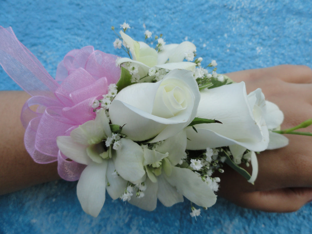 White Rose & Orchid Corsage with Pink Bow (C018)