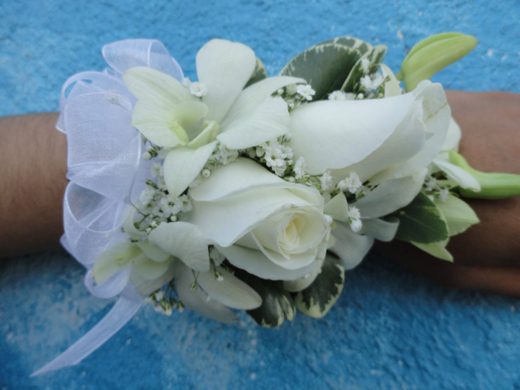 White Rose & Orchid Corsage with White Bow (C019)