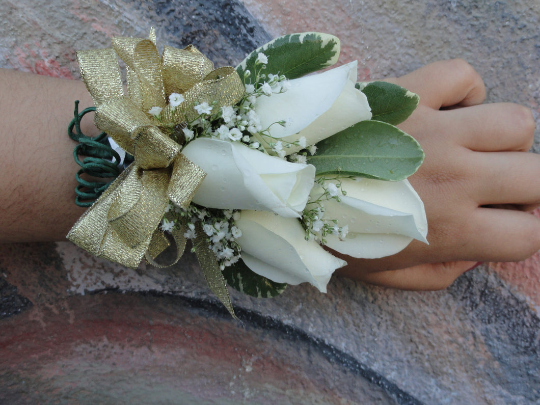 White Rose Corsage with Gold Bow (C021)