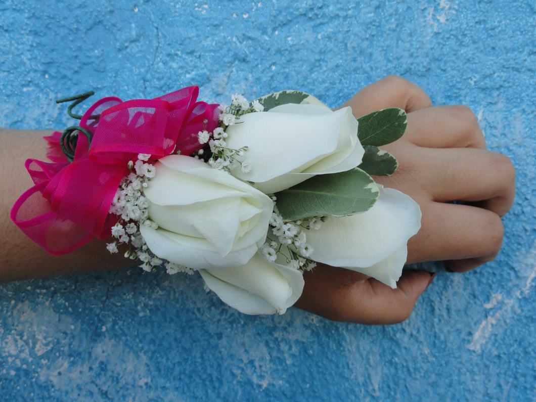 White Rose Corsage with Pink Bow (C022)