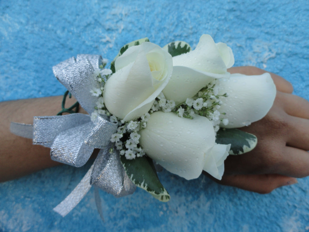White Rose Corsage with Silver Bow (C026)