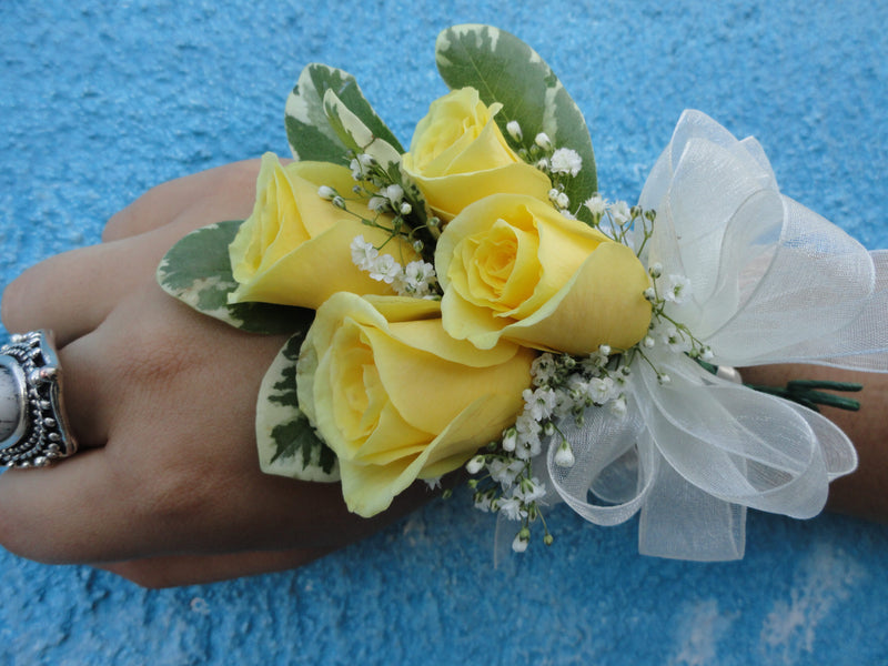 Yellow Rose Corsage with White Bow (C027)