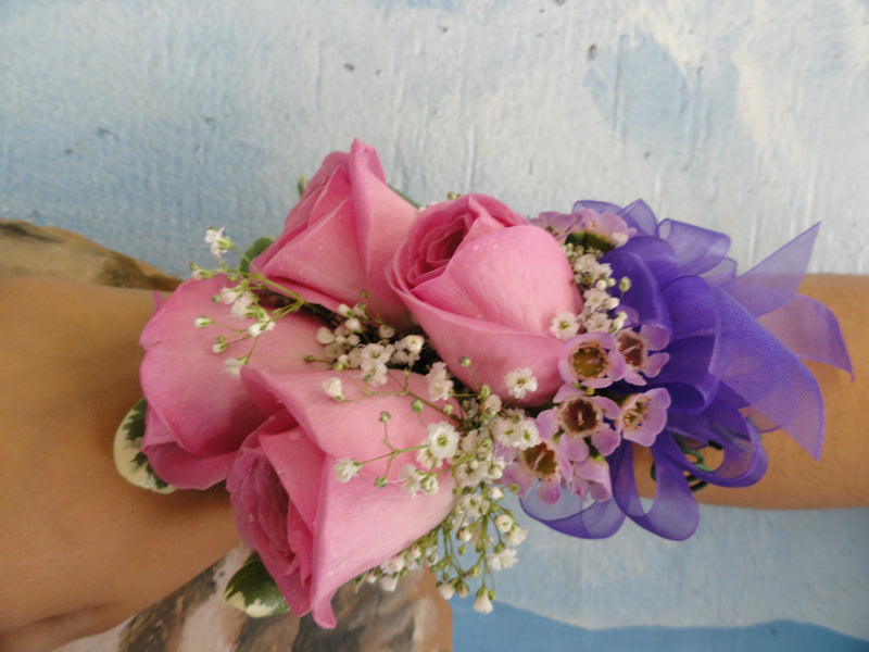 Pink Rose Corsage with Purple Bow (C029)